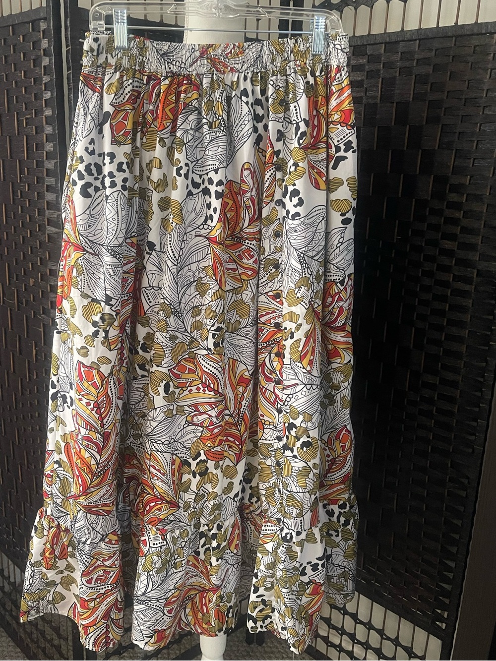 Bohemian Maxi Skirt in White with Orange and Olive Floral Print